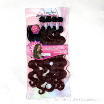 Hot sale Adorable  Synthetic Hair Bundles With Free Machine Made 4*4 Lace Closure Amazing Body Wave 4pcs 24Inch T Color